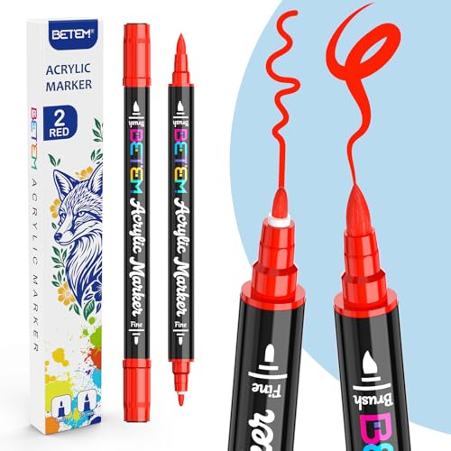 Betem Dual Tip Acrylic Paint Pens, 2 Red Paint Markers for Glass, Window, Fabric, Wood, Rock, Canvas, Acrylic Markers with Fine & Brush Tip, Art & Craft Supplies, Teacher Appreciation Gift - color: Red