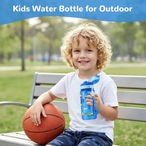 20oz 2 in 1 Removable Straw and Spout Kids Water Bottle with Pop-Up Lid & Lock, BPA-Free, Plastic Sports Water Bottle, Handle Strap, Dishwasher Safe, Boys & Girls, Transportation