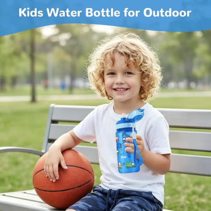 20oz 2 in 1 Removable Straw and Spout Kids Water Bottle with Pop-Up Lid & Lock, BPA-Free, Plastic Sports Water Bottle, Handle Strap, Dishwasher Safe, Boys & Girls, Transportation
