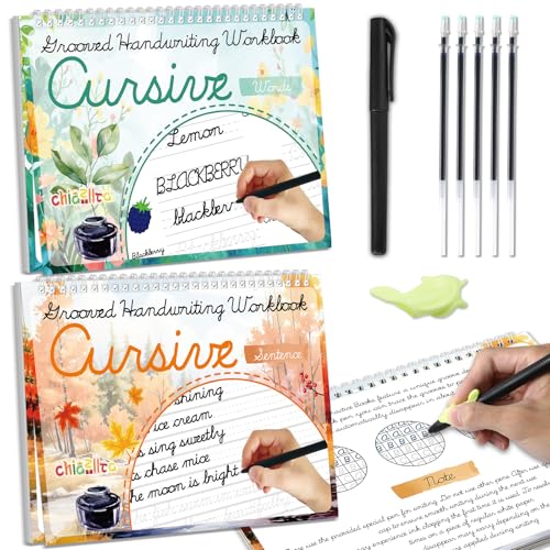 chiazllta 2 Pack Cursive Grooved Handwriting Workbooks Magic Grooved Cursive Reusable Writing Practice Copy Books with Disappearing Ink Pens for Beginners Learning Activities Supplies (Words&Sentence) - style: Words&Sentence