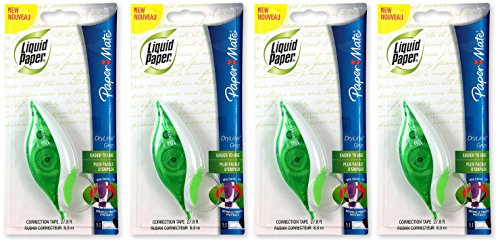 Paper Mate 660415 Liquid Paper DryLine Grip Correction Tape Dispenser, Pack of 4; Transparent Green Body; 1/5 inches Wide x 27.8 feet Long White Tape; Applies Dry, Rewrite Instantly; Swivel Tip - size: 1 Count (Pack of 4)