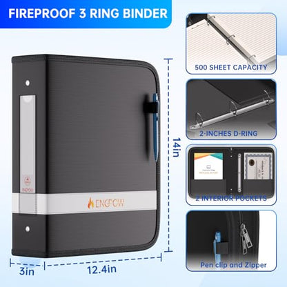 ENGPOW 3 Ring Binder,Fireproof 2 Inch D Ring Binder with Zipper,Holds 500 Sheets,Non-Stick,PVC-Free,Compatible with Clear Sheet Protectors,Portable School Office Home Safe Storage for Paper,Black - size: 2 inch