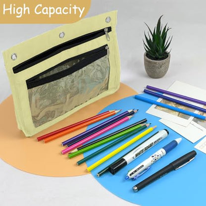 YoeeJob 1 Pack Pencil Pouch for 3 Ring Binder, Expandable Binder Pouches with Zipper, Large Capacity Pen Holder Case with Clear Window School Class Office Organizers, Beige - color: Beige