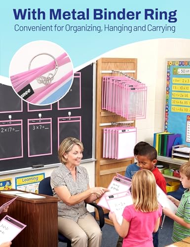 SUNEE 6 Packs Oversized Reusable Dry Erase Pocket Sleeves with Ring, Pink 10x14 Ticket Holders, Clear Plastic Sheet Protectors, Teacher School Classroom Supplies - color: Pink, style: 6 Pack