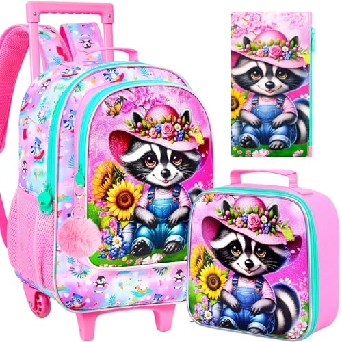 AGSDON 3PCS Kids Rolling Backpack, Girls Roller Wheels Bookbag, Wheeled Elementary School Bag with Lunch Bag - Raccoon - color: Raccoon Roller