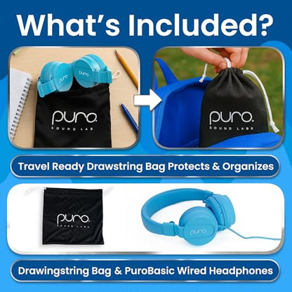 Puro Sound Labs Kids Wired Headphones – Volume-Limiting & Adjustable, Safer & Comfortable Headphones for Kids – Compatible with PCs, Smartphones & Tablets, Ideal for School & Travel – PuroBasic, Blue - color: Blue