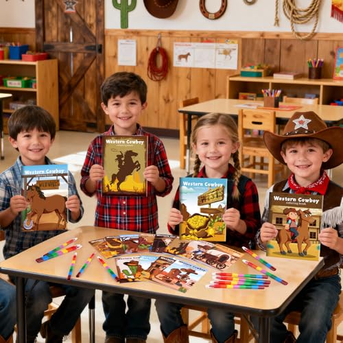 BenLouis 24 Western Cowboy Mini Coloring Books Kids With 24 Stacking Crayons Wild West Party Favors Activity Books Bulk for Kids Yee Haw Rodeo Goodie Bag Gift Stuffer Classroom Reward - style: Western Cowboy