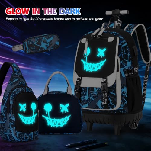 Bevalsa Rolling Backpack for Boys, Roller Backpack with Wheels, Wheeled School Bag with Sling Bag, Lunch Box & Pen Case for Kids Children Teens Elementary Middle Student Glow In The Dark - color: Smile