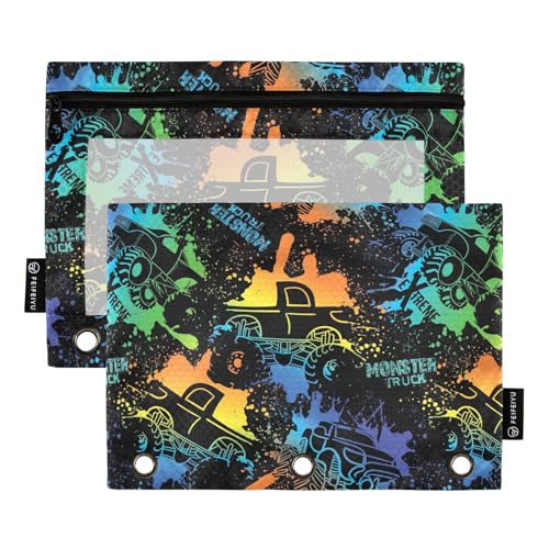 Monster Truck Car Pattern Pencil Pouch for 3 Ring Binder, Three Hole Pencil Case for Binder Bulk Pencil Bag with Clear Window and Zipper for Office School College, 2 Pack, 9.84*7.08in - color: Multicolor 1