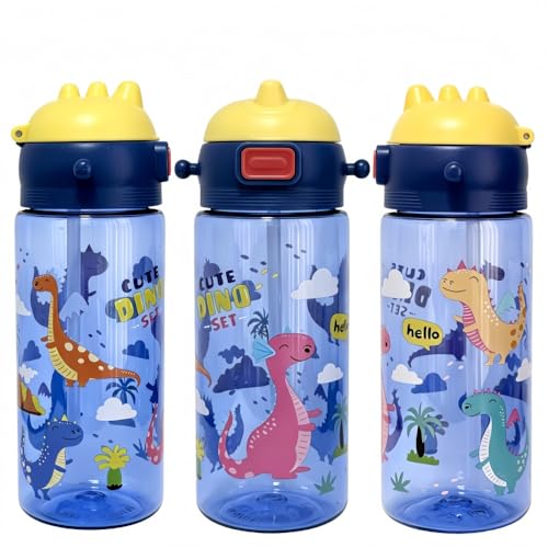 20oz Leak Proof Kids Water Bottle with Detachable Strap, Dinosaur | Sturdy, Shock-Resistant, Large Capacity, One-Touch Lid Opening, with Straw for School and Travel, BPA Free, Dishwasher Safe - color: Dinosaur