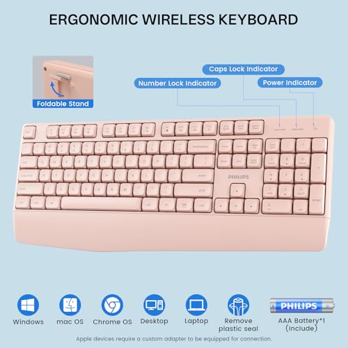 PHILIPS Wireless Keyboard and Mouse Combo-Ergonomic Keyboard and Mouse Wireless Combo with Silent Design,Plug n' Play,Sleep Mode and 2.4GHz Keyboard for Mac, Windows, Laptop-Pink - color: Pink