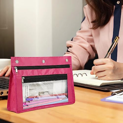 YoeeJob 1 Pack Pencil Pouch for 3 Ring Binder, Expandable Binder Pouches with Zipper, Large Capacity Pen Holder Case with Clear Window School Class Office Organizers, Rosy - color: Rosy
