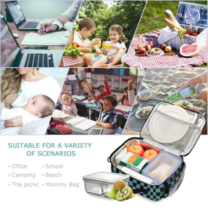 Custom Student Lunch Bag for Boys Girls Teal Black Checkered Personalized Lunch Box With Name Insulated Cooler Bag for School Picnic Travel - color: Multi03