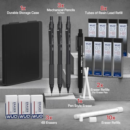 WUO 0.7mm Mechanical Pencil Set, 3 Black Metal Drafting Pencils with 480 HB Lead Refills, Precision Eraser Pen, 4B Erasers & Case, Mechanical Pencils for Writing, Drawing, Sketching & School - color: Black, size: 0.7