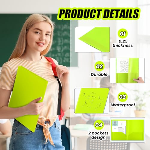Gueevin 150pcs Plastic Folders with Pockets, Two Pocket Folder Fit 8.5 x 11 Inch Letter Size Paper, Heavy Duty School Folders Business Card Holder for Home Office School Bussiness (Bright Green) - color: Bright Green
