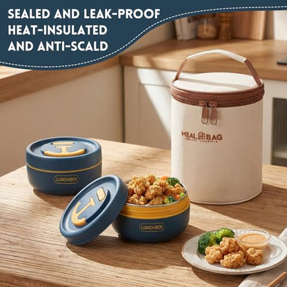 Dandat 2 Pcs Portable Insulated Lunch Containers Thermal Bento Box with Bag Fork Knife Stainless Steel Lunch Box 15.2 oz 21 oz Separate Stackable Food Jar for Adult Men Women(Navy Blue) - color: Navy Blue