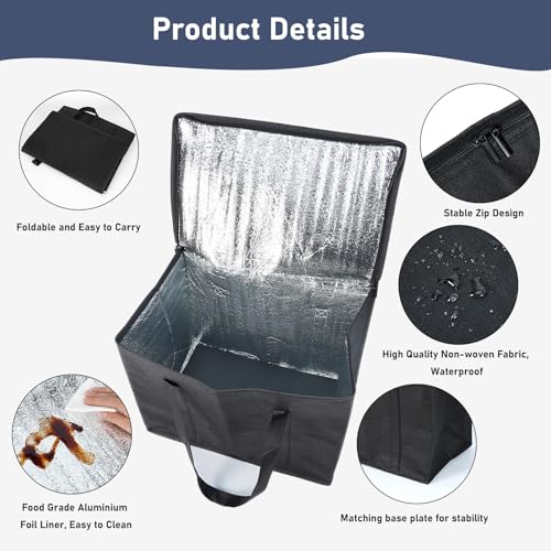 3Pcs Insulated Grocery Shopping Bag, FHDUSRYO 40L Large Black Food Delivery bags, Durable Thermal Cooler Bags with Handles and Bottom Plates, Reusable Lunch Container for Catering Grocery (43x26x33cm)