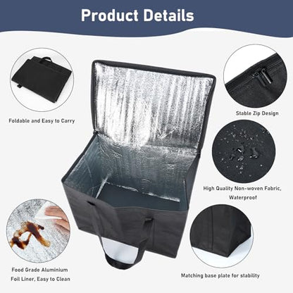 3Pcs Insulated Grocery Shopping Bag, FHDUSRYO 40L Large Black Food Delivery bags, Durable Thermal Cooler Bags with Handles and Bottom Plates, Reusable Lunch Container for Catering Grocery (43x26x33cm)
