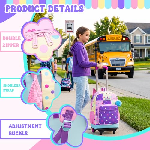 Rolling Backpack for Girls,Lightweight Kids Backpack with Wheels for School and Travel,Large Capacity Trolley Backpack for Elementary Students - color: Purple Pink Star