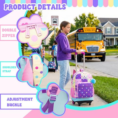 Rolling Backpack for Girls,Lightweight Kids Backpack with Wheels for School and Travel,Large Capacity Trolley Backpack for Elementary Students - color: Purple Pink Star