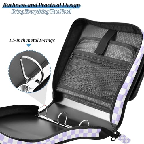 Lavender Purple White Checkered Binder Bag 3 Ring Zipper Binders with Shoulder Strap for School Office Organizer Storage - color: Q013