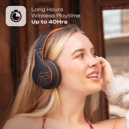 PowerLocus Wireless Bluetooth Headphones, Over Ear Headphones with Microphone, 50H Playtime, HiFi Stereo Sound, Deep Bass, Soft Earmuffs, Foldable Lightweight Headphones for Travel/PC/Cell Phone - color: Black/Orange