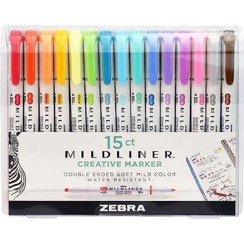Zebra® Mildliner Double-Ended Highlighters, Chisel/Fine Point, White Barrels, Assorted Ink Colors, Pack of 15 Highlighte