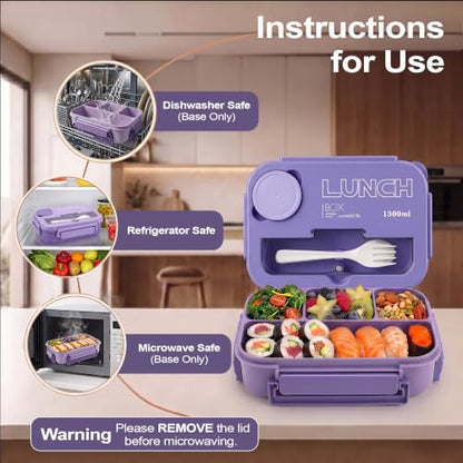 Bento Box Adult Lunch Box, Lunch Containers for Adults 44.5 Oz/5 Cup,Purple | BPA-Free, Lid-Top Sauce Tray, Leak-Proof, 1300mL, Removable Silicone Sealing Ring, Lid-Top Utensil Slot with Included Cutlery - color: Purple