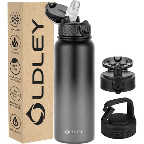 Oldley Insulated Water Bottle 20oz Water Bottles with Straw, Stainless Steel Water Bottle with 3 Lids, Double Wall Vacuum Bottles for Adult Kids, Sports Bottles for School Travel,Black Gray - color: Black Gray, size: 20 Ounces