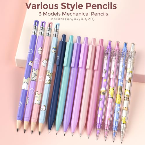 Nicpro 45PCS Mechanical Pencils with 462 Lead Refills (Pink) | 0.5mm-2.0mm Cute Mechanical Pencil Pet, School Supplies Stationary Set with Pencil Case for Girl Note-Taking & Back to School - size: 47 PCS