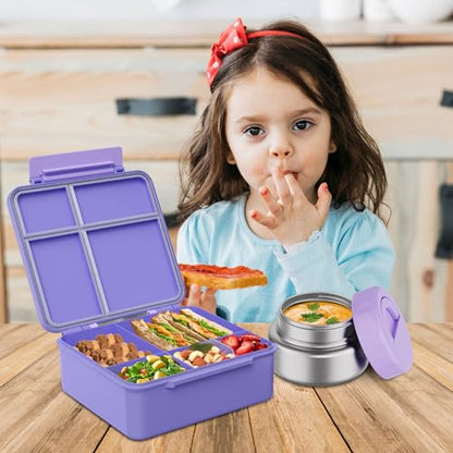 Bento Box for Kids with Thermo Food Container (9oz), 4-Compartment Lunch Box, Adjustable Divider, Leakproof Bento Lunch Box, Includes Utensils & Carry Bag for School, Office(Purple) - color: Pink