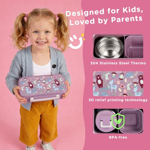Bento Lunch Box for Kids With 8oz Food Thermo,BPA-Free for School | Lunch Container with 2 Compartments, Insulated Food Jar, Dishwasher Safe, Easy to Clean, Lunch Box for Girls Boys - color: Purple Deer1
