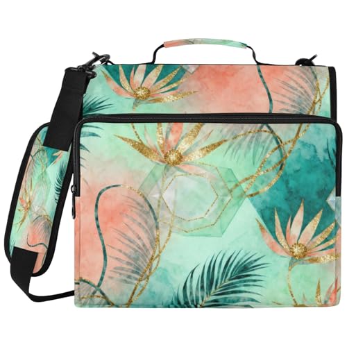 Elegant Abstract Leaves Zipper Binder with 2 Inch D-Rings Expandable File Portfolio with Shoulder Strap, Waterproof Nylon Organizer for 14" Laptop for Work College Travel