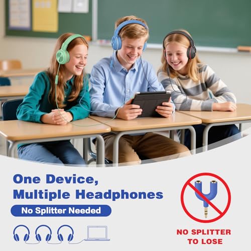 SIMOLIO Wired Headphones for Kids with Mic, USB C & 3.5mm, Safe Volume, Share Port & Pouch, Kids Headphones w/Passive Noise Cancelling, Foldable Headsets for School Airplane Travel iPad (Black) - color: Jet Black