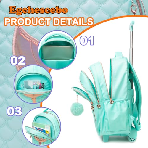 Kids Rolling Backpack for Girls Trolley Suitcases Luggage Travel with Wheels Bookbag Wheeled 17" 3PCS Roller Backpacks Toddler Back Pack School Bags Set for Elementary Mermaids Green - color: 5225-yuweiba-green