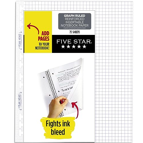 Five Star Reinforced Insertable Graph Ruled Notebook Paper, 6 Pack, White, 8.5 x 11, 75 Sheets per Pack - size: 6 Pack