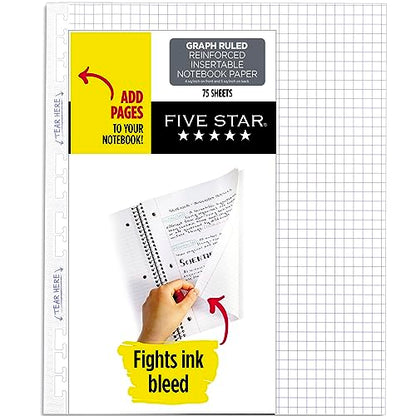 Five Star Reinforced Insertable Graph Ruled Notebook Paper, 6 Pack, White, 8.5 x 11, 75 Sheets per Pack - size: 6 Pack
