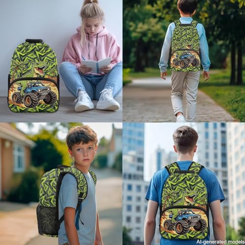 17 Inch Kid's 4PCS Backpack Set, Back to School Essentials | Insulated lunch box, water bottle pouch, pencil case, lightweight, padded shoulder straps, for elementary, middle school - color: Green Dinosaur