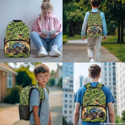 17 Inch Kid's 4PCS Backpack Set, Back to School Essentials | Insulated lunch box, water bottle pouch, pencil case, lightweight, padded shoulder straps, for elementary, middle school - color: Green Dinosaur