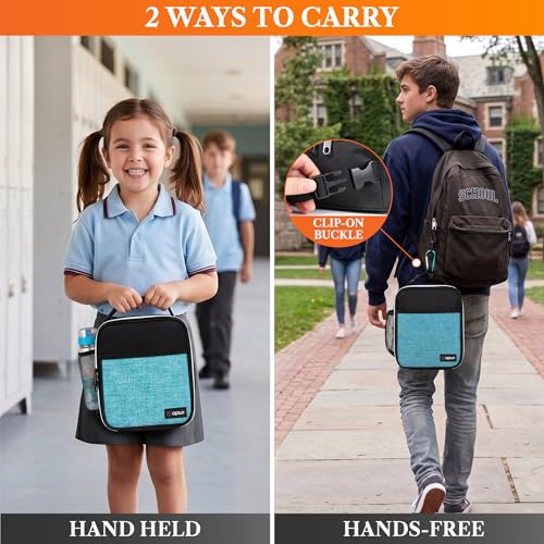 opux Insulated Lunch Bag for Kids Boys Girls, Small Compact Lunch Box with Wide Opening & Mesh Pockets, Reusable Lunch Pail for School, Work, Adults, Men, Women, Turquoise - color: Heather Sea Blue