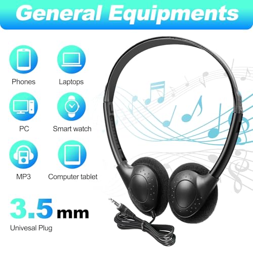 Hoteam 100 Pack Headphones for Classroom Bulk Students Adjustable Headphones Wired Pack Black Over the Head Earphones with 3.5 mm Plug for School Library Museums Charity Donate(Black) - color: Black, style: Classic