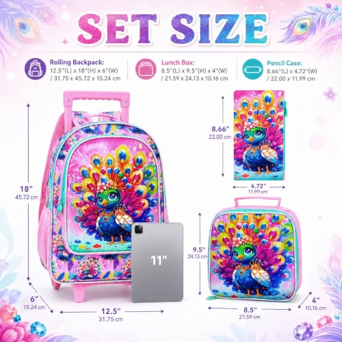 3Pcs Rolling Backpack for Girls, Kids Roller School Backpack with Wheels, Peacock Wheeled Bookbag for Elementary Preschool Kindergarten(Pink) - color: Peacock Pink