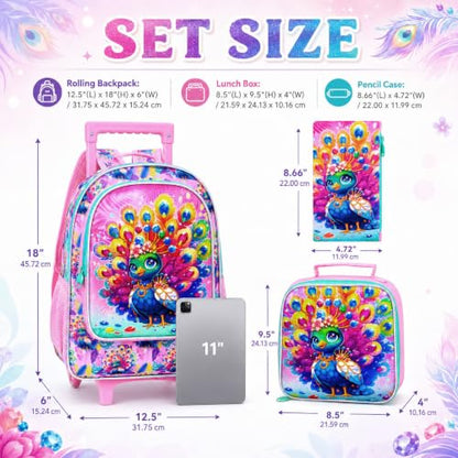 3Pcs Rolling Backpack for Girls, Kids Roller School Backpack with Wheels, Peacock Wheeled Bookbag for Elementary Preschool Kindergarten(Pink) - color: Peacock Pink