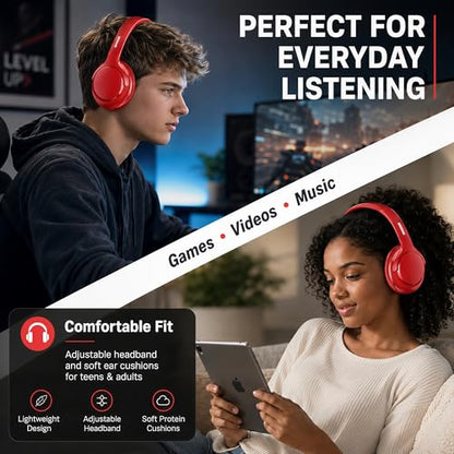 MIDOLA Bluetooth Headphones Over Ear, 68H Playtime Wireless Headphones with Microphone, 6 EQ Modes, HiFi Stereo Deep Bass, Foldable Lightweight Headset for Home Office, Cellphone, PC, Red - color: Red