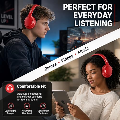 MIDOLA Bluetooth Headphones Over Ear, 68H Playtime Wireless Headphones with Microphone, 6 EQ Modes, HiFi Stereo Deep Bass, Foldable Lightweight Headset for Home Office, Cellphone, PC, Red - color: Red