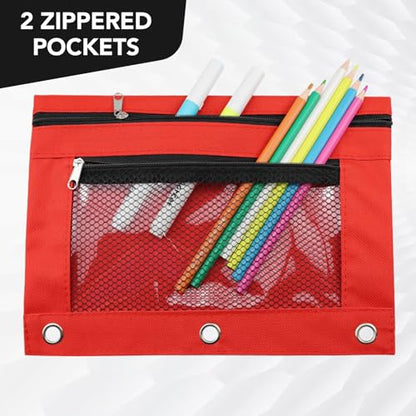 3 Ring Pencil Pouch for Binder, 2-Pocket Zipper Pencil Case with Clear Window & Mesh Pocket, 600D Oxford Fabric Binder Pouch for School Office Supplies, Fits Standard 3-Ring Binders, Red - color: Red