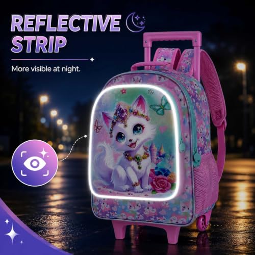 3Pcs Rolling Backpack for Girls, Kids Roller School Backpack with Wheels, Fox Wheeled Bookbag for Elementary Preschool Kindergarten(Pink) - color: Fox Pink