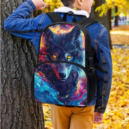 Horeset Aesthetics Wolf School Bags Set for Girls Boys Kids Teens Travel Backpack with Picnic Lunch Box Water Bottle Bag Set of 3 Large Capacity Bookbag Rucksack for Primary Elementary School Student - color: Aesthetics Wolf