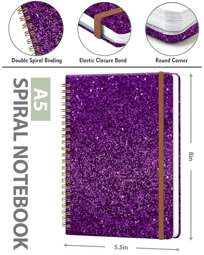 Spiral Journal Notebook for Women, Hardcover A5 College Ruled Notebook, 120 Pages, Thick Paper, Cute Lined Journal for School, Office & Work, 6 x 8.4 in(Shiny Purple) - color: Shiny Purple