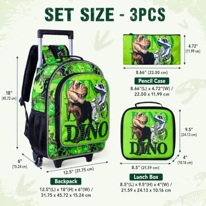 WZLVO 3PCS Rolling Backpack for Boys, Kids Dinosaur Bookbag with Roller Wheels, Suitcase School Bag Set for Toddler Elementary - color: Dinosaur Green
